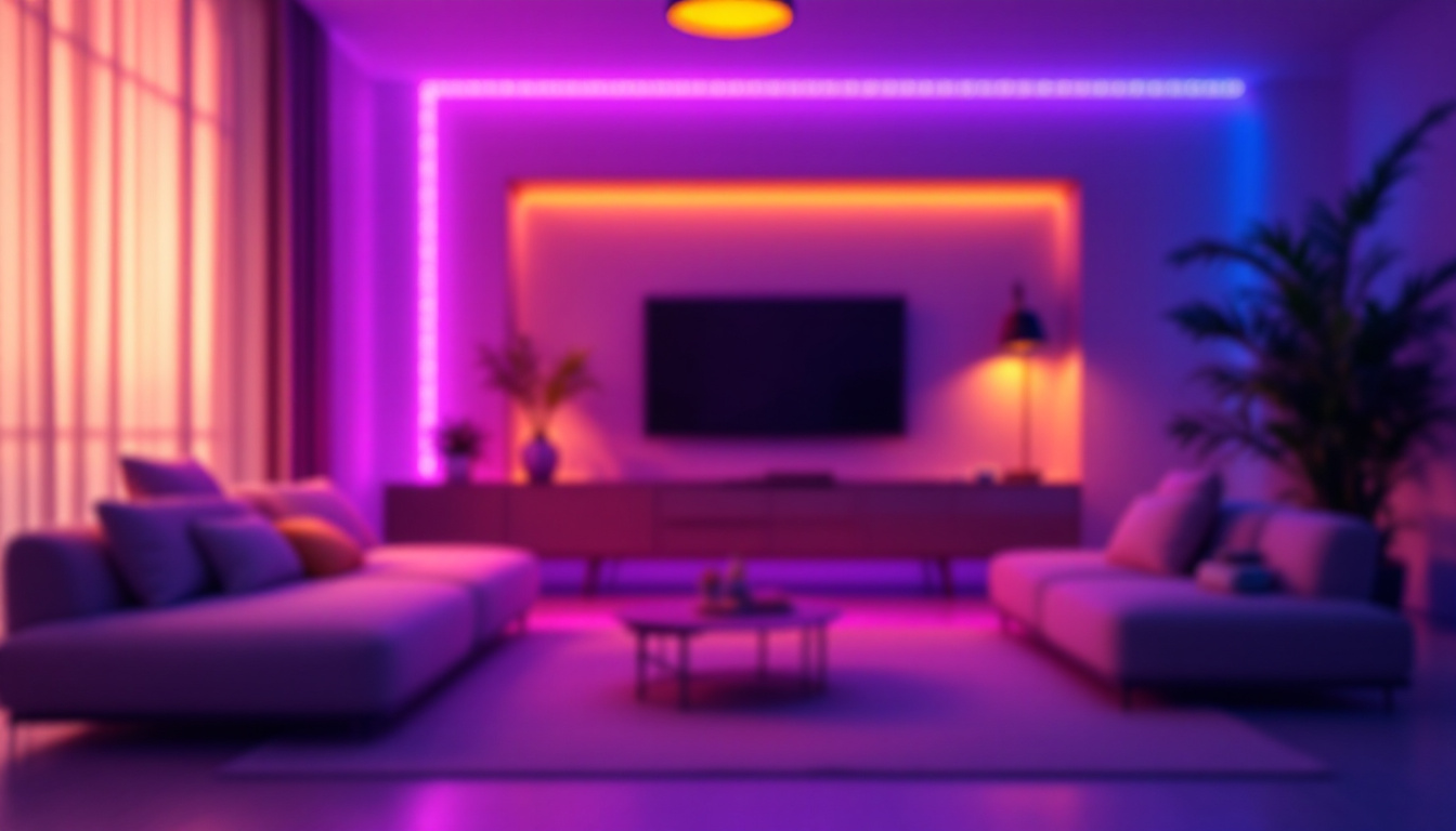 A photograph of capture a photograph of a vibrant led tape strip illuminating a stylish interior space