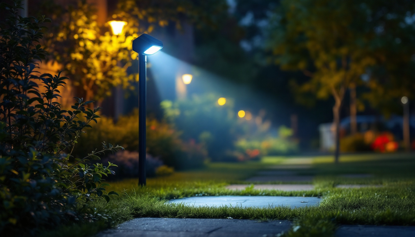 A photograph of a vibrant outdoor scene illuminated by an led flood light at dusk