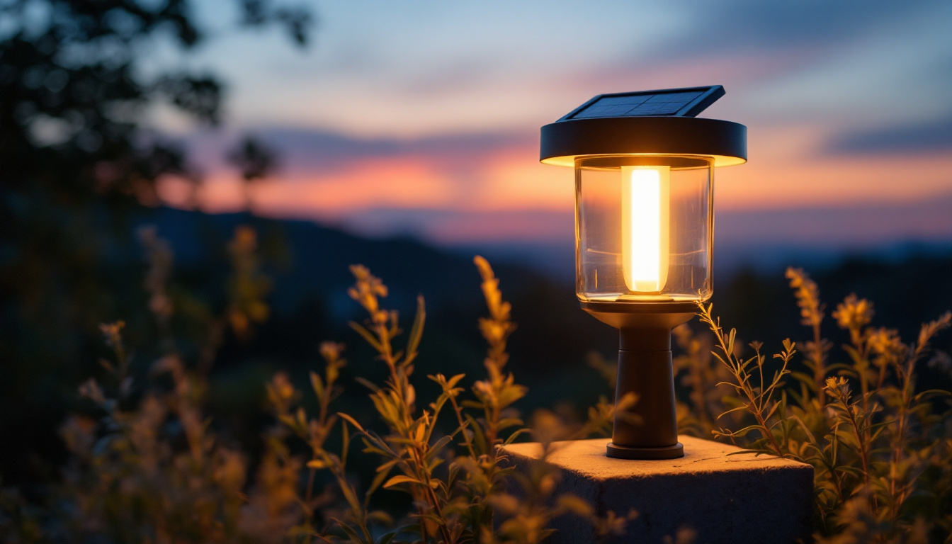 A photograph of a stylish solar lamp illuminated in a serene outdoor setting