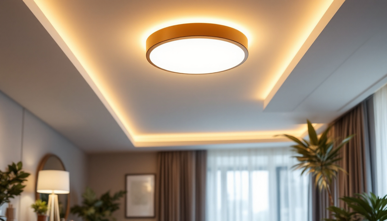 A photograph of a stylishly designed flush mount led ceiling light installed in a modern living space