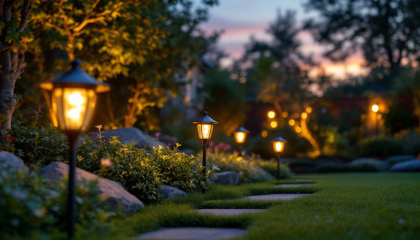A photograph of a beautifully illuminated garden at dusk