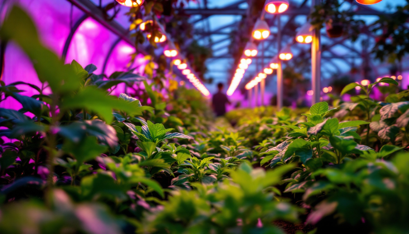 A photograph of a vibrant greenhouse interior showcasing an array of plants thriving under the warm glow of led grow lights