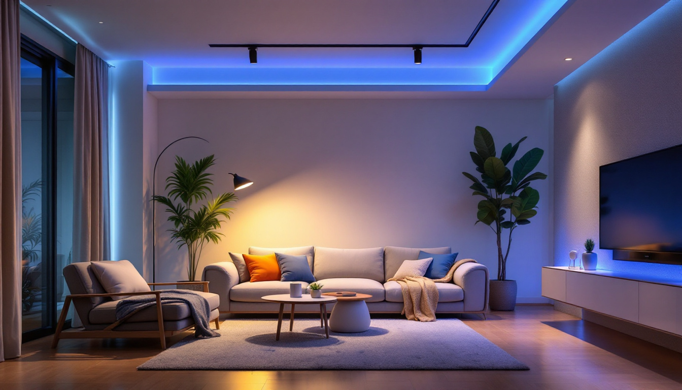 A photograph of a modern living space showcasing a before-and-after comparison of traditional can lights and sleek led fixtures
