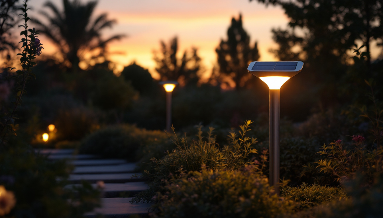 A photograph of a beautifully designed solar lamp illuminated at dusk in a garden setting