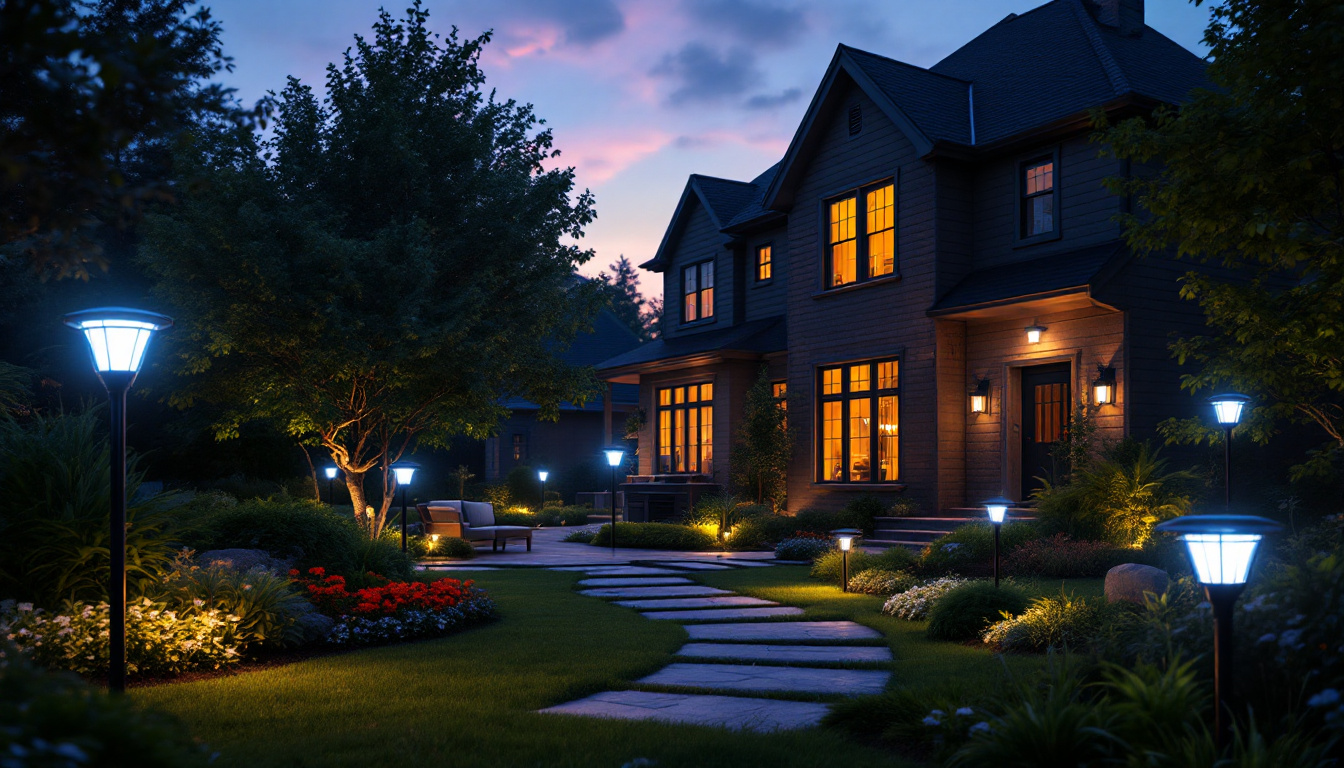 A photograph of a beautifully illuminated backyard scene at dusk