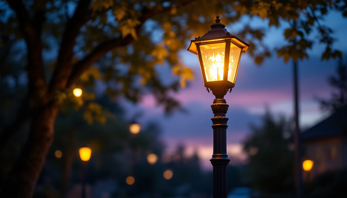 A photograph of a beautifully illuminated lamp post in an outdoor setting during twilight