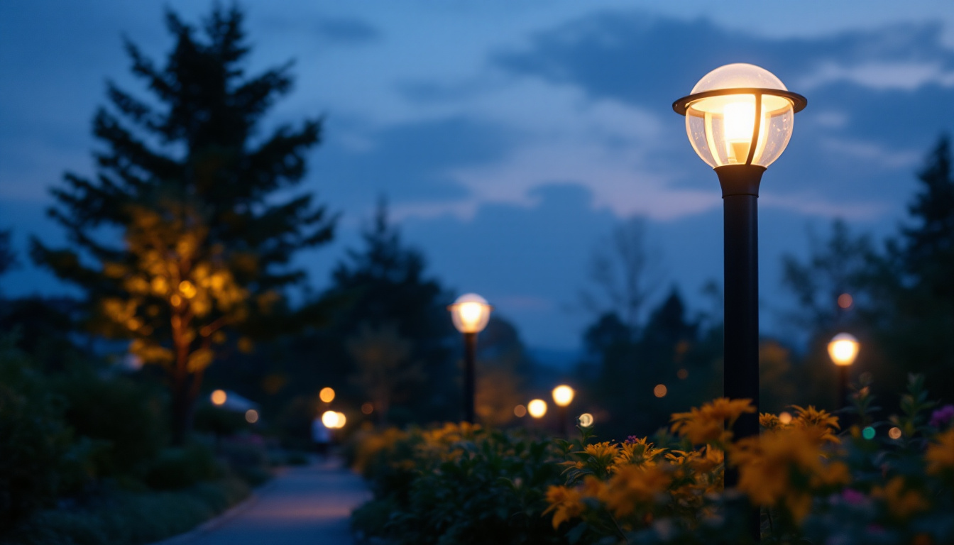 A photograph of a beautifully illuminated outdoor space featuring pole lights at dusk