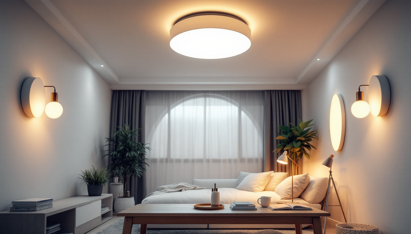 A photograph of a stylishly designed room featuring various led ceiling lights in different styles and settings