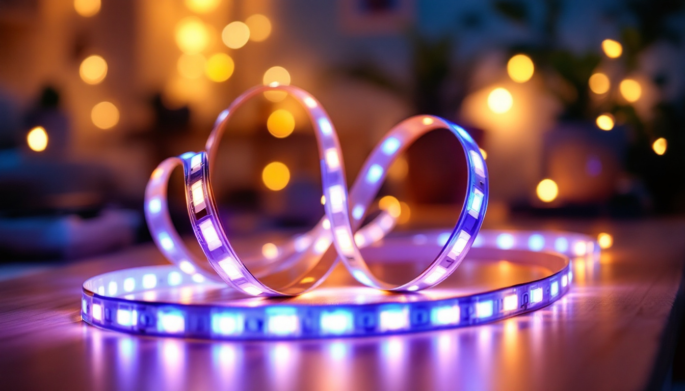 A photograph of capture a photograph of a beautifully arranged 12v led ribbon light installation in a cozy indoor setting