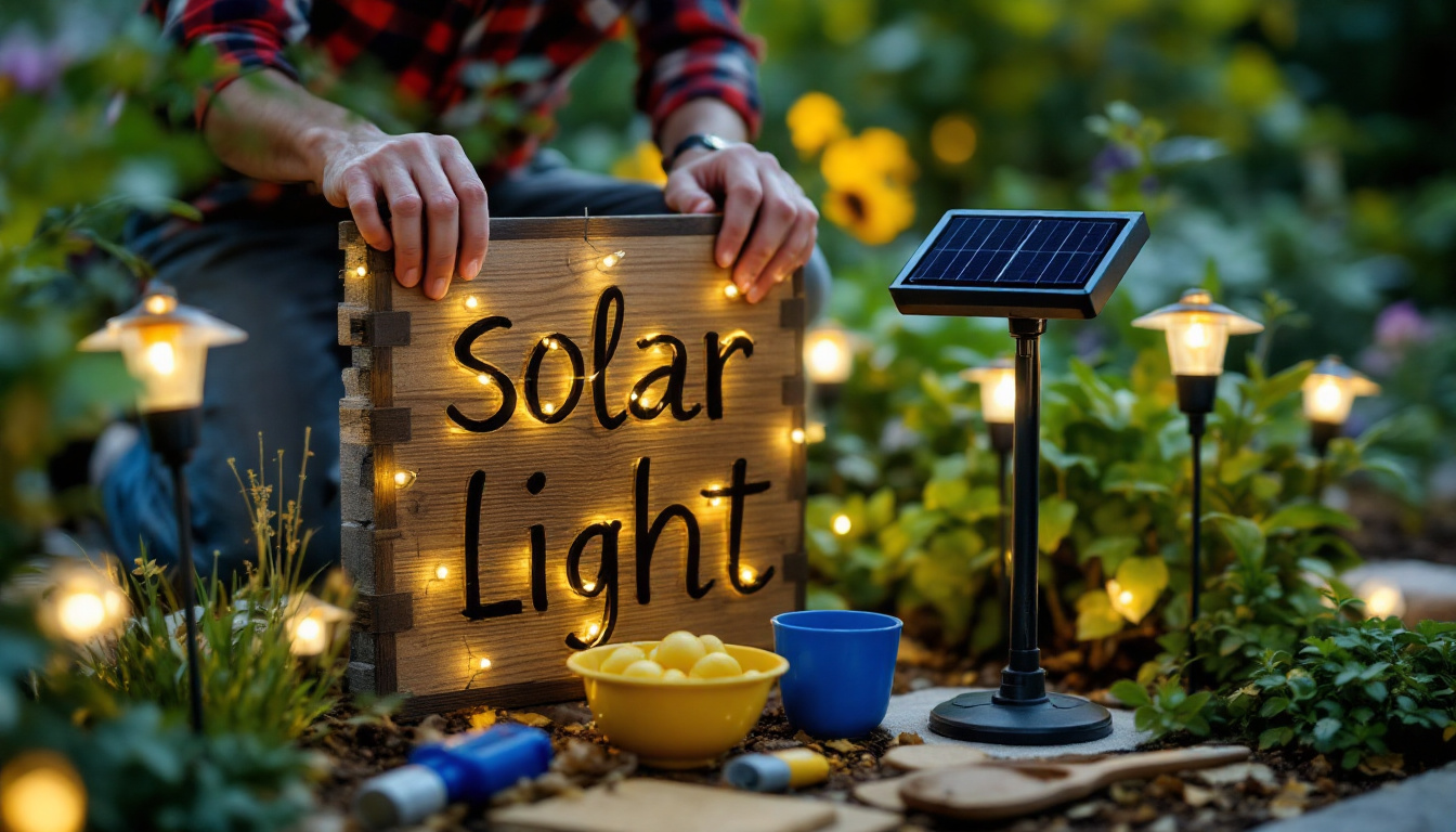 A photograph of a person carefully installing a 2 pack solar light sign in a garden or outdoor setting