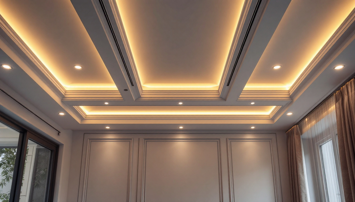 A photograph of a beautifully designed room featuring recessed lighting in the ceiling