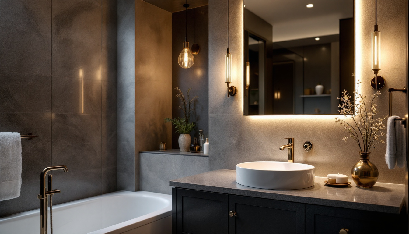 A photograph of a beautifully designed bathroom featuring elegant vanity lighting that highlights the mirror and sink area