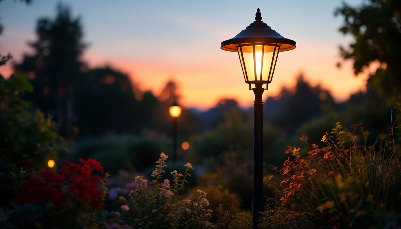 A photograph of a beautifully illuminated outdoor pole lamp in a serene garden setting during twilight
