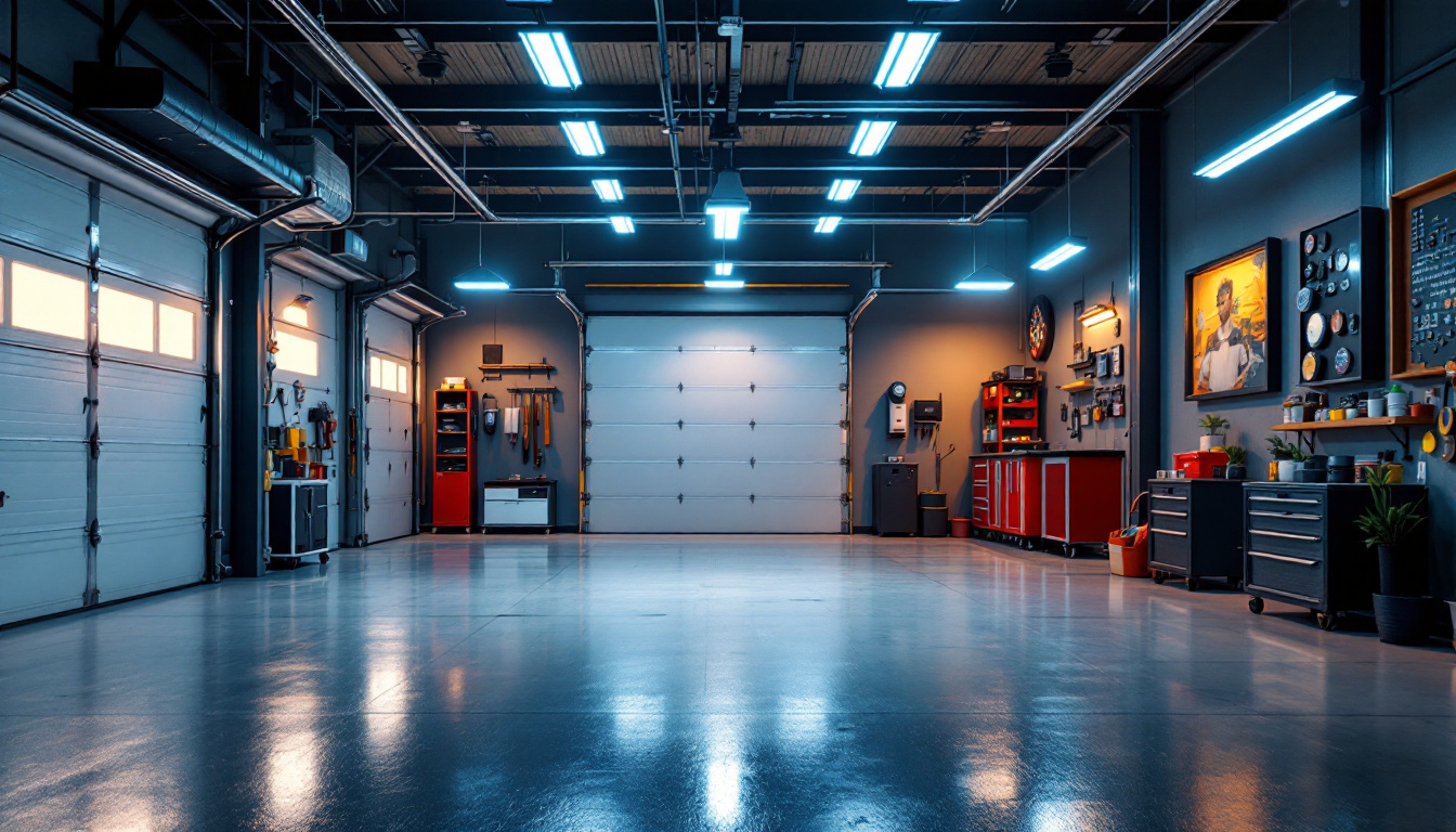 A photograph of a well-lit garage showcasing various led lighting options