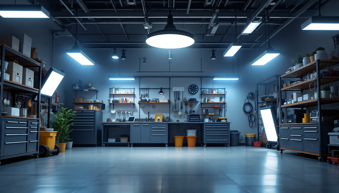 A photograph of a well-lit garage showcasing various led light fixtures in use