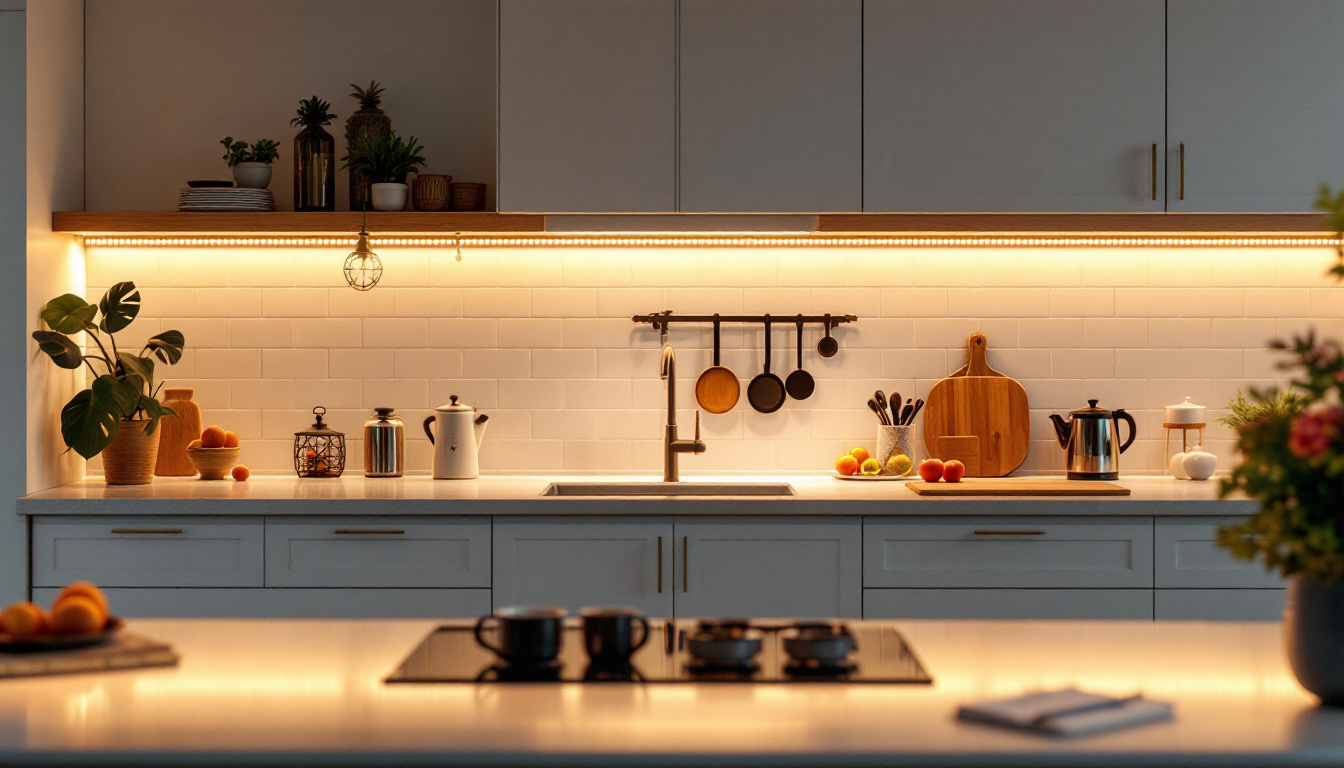 A photograph of a beautifully illuminated kitchen or workspace featuring stylish under-cabinet lighting that highlights the countertops and creates a warm