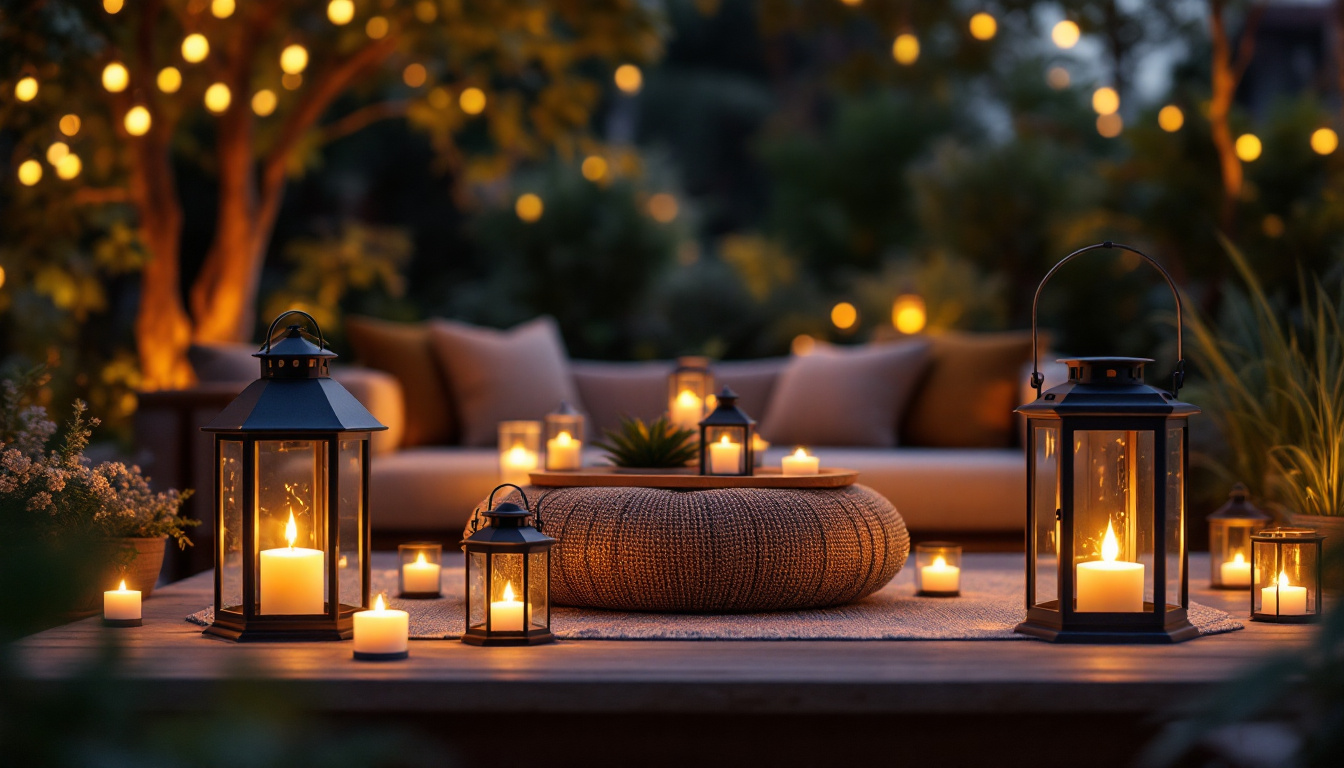A photograph of a beautifully arranged outdoor setting featuring various styles of lantern lights