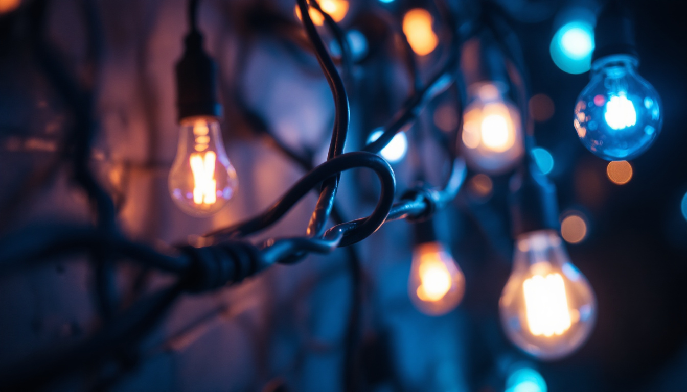 A photograph of a close-up shot of a power cord intricately intertwined with various types of lighting fixtures