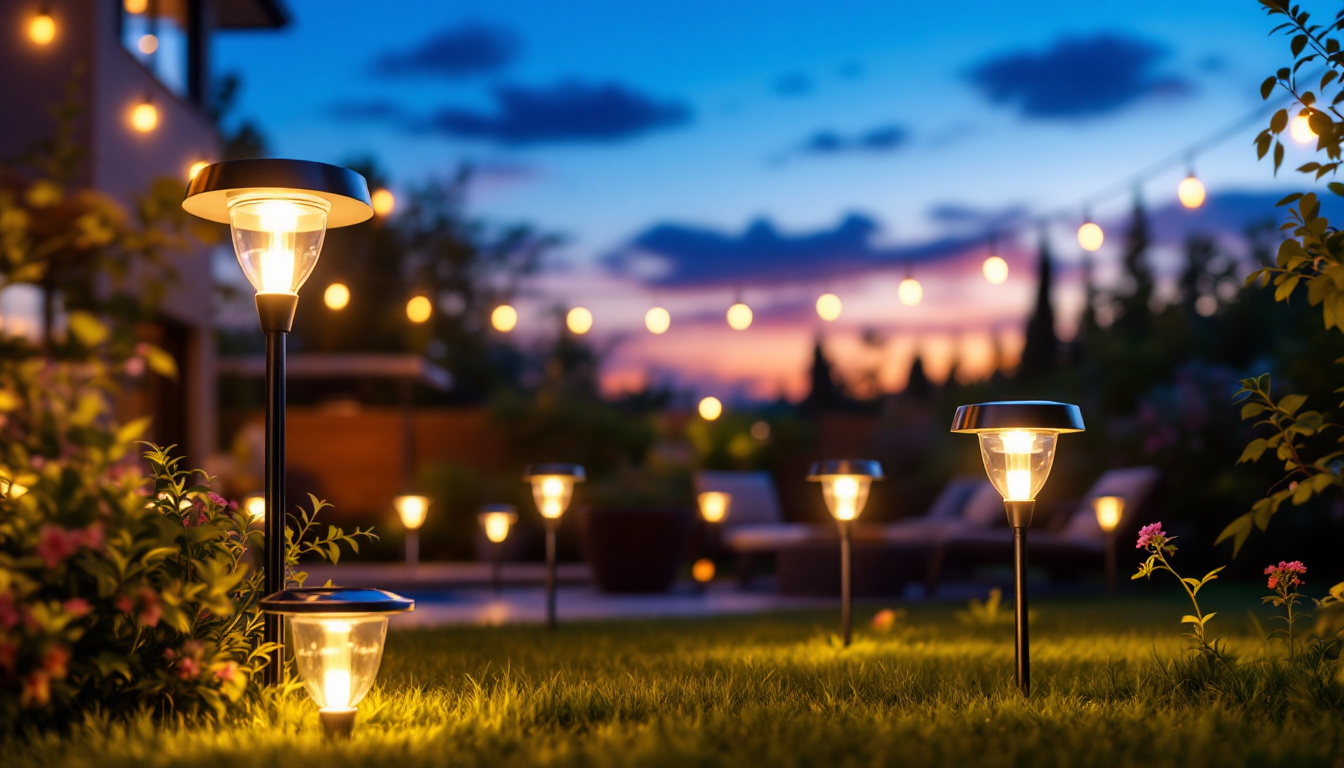 A photograph of a beautifully illuminated outdoor space showcasing various styles of led solar lights in a garden or patio setting during twilight