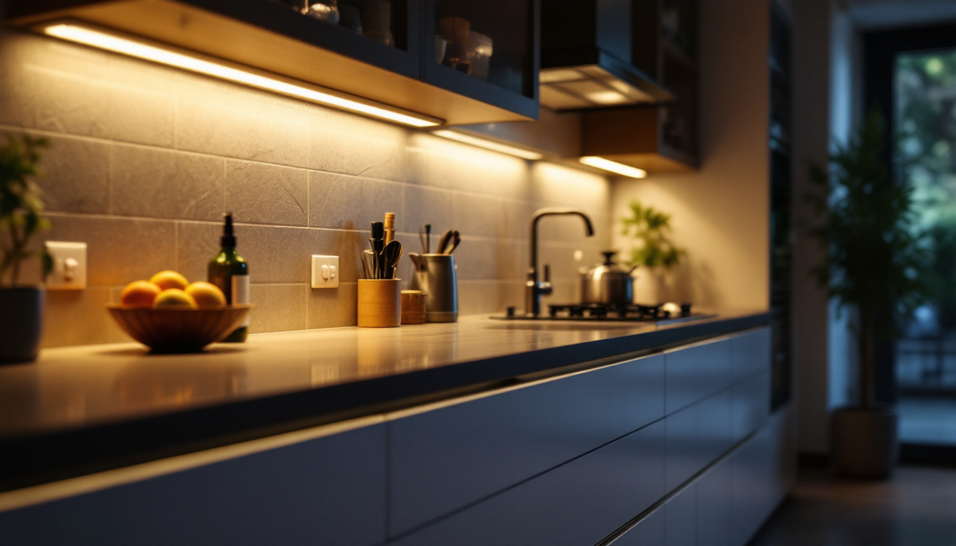 A photograph of capture a photograph of a beautifully illuminated kitchen counter featuring sleek led under-counter lighting