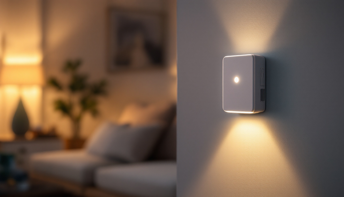 A photograph of a modern motion sensing light switch installed in a stylish home setting