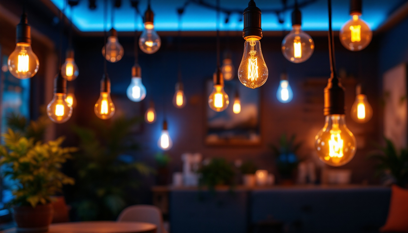 A photograph of a vibrant and well-lit interior space showcasing various types of bright light bulbs in use