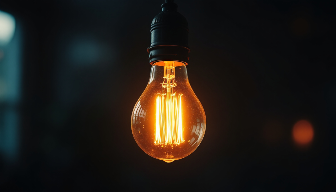 A photograph of a close-up shot of a flickering light bulb in a dimly lit environment