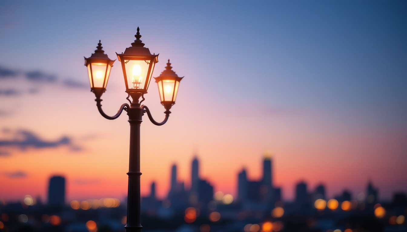 A photograph of a beautifully illuminated lamppole at dusk