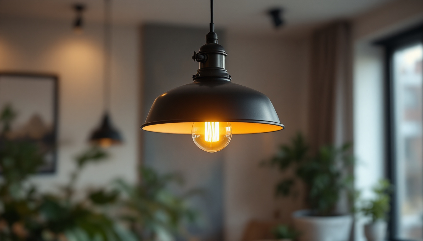 A photograph of a stylish industrial pendant light hanging in a modern