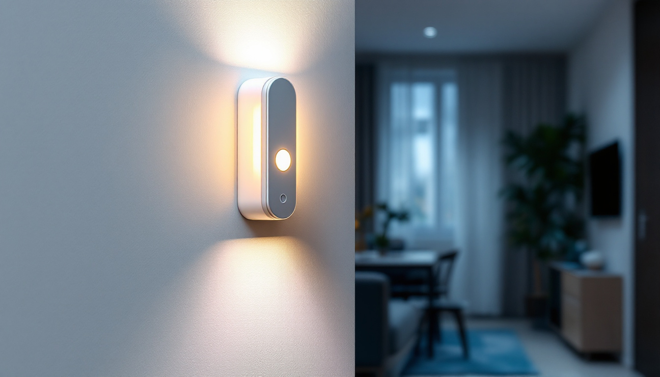 A photograph of a modern occupancy sensor installed in a well-lit room