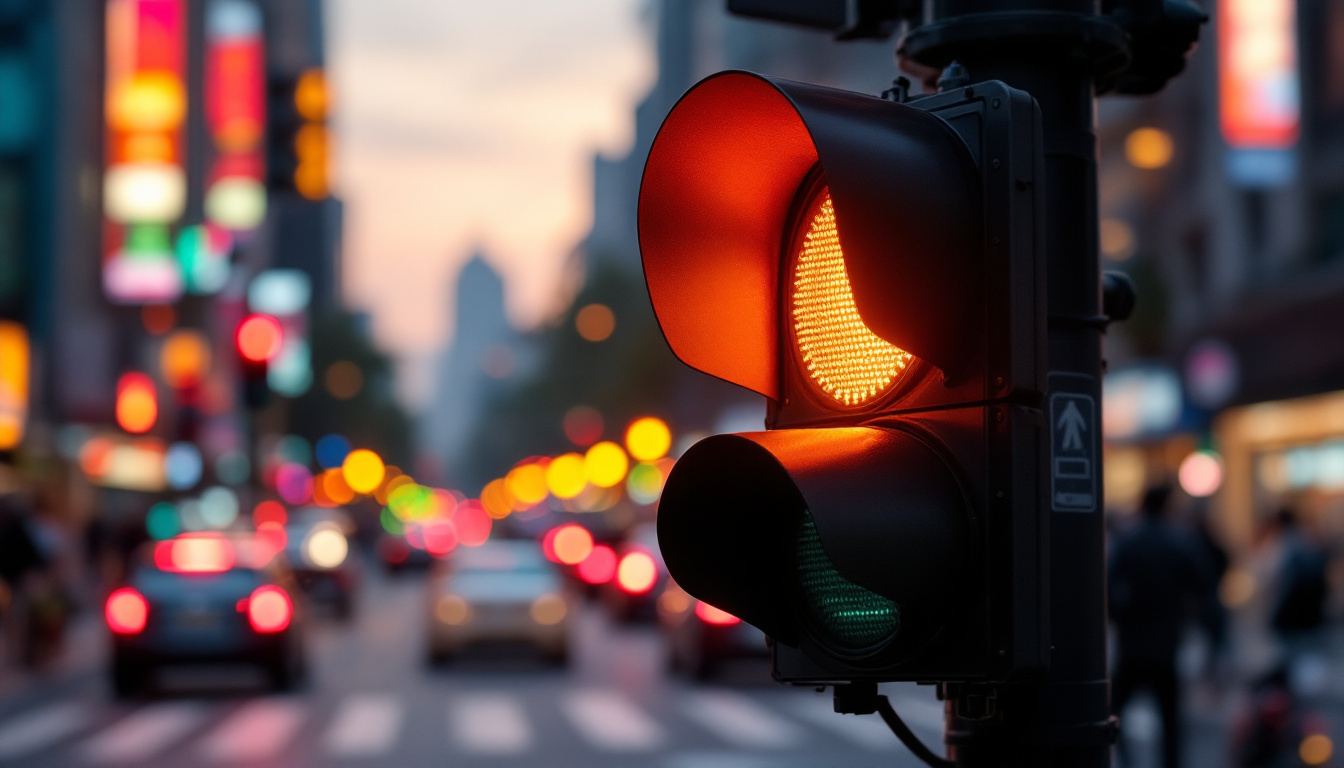 A photograph of capture a photograph of a busy intersection featuring a close-up of a stop light in action