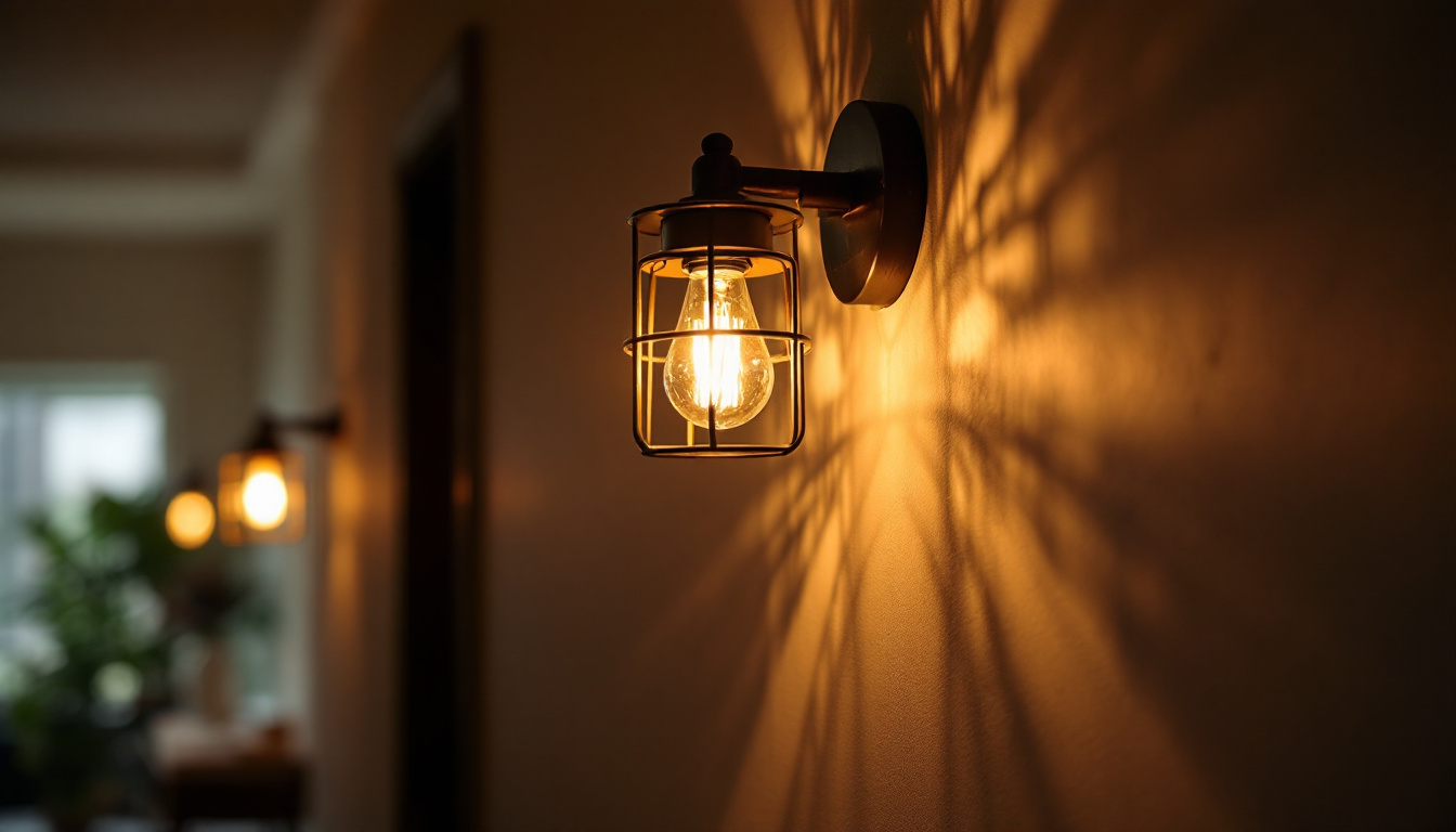 A photograph of a stylish hallway light fixture illuminated in a beautifully designed hallway