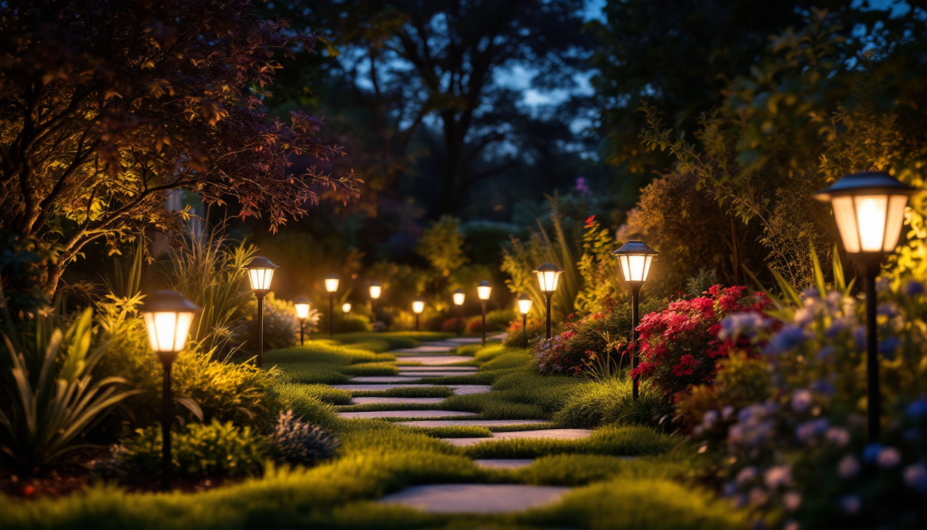 A photograph of a beautifully illuminated garden at dusk
