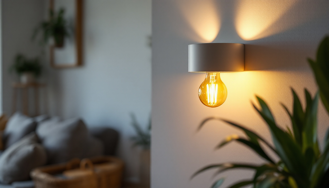 A photograph of a stylish wall-mounted light fixture illuminated in a cozy