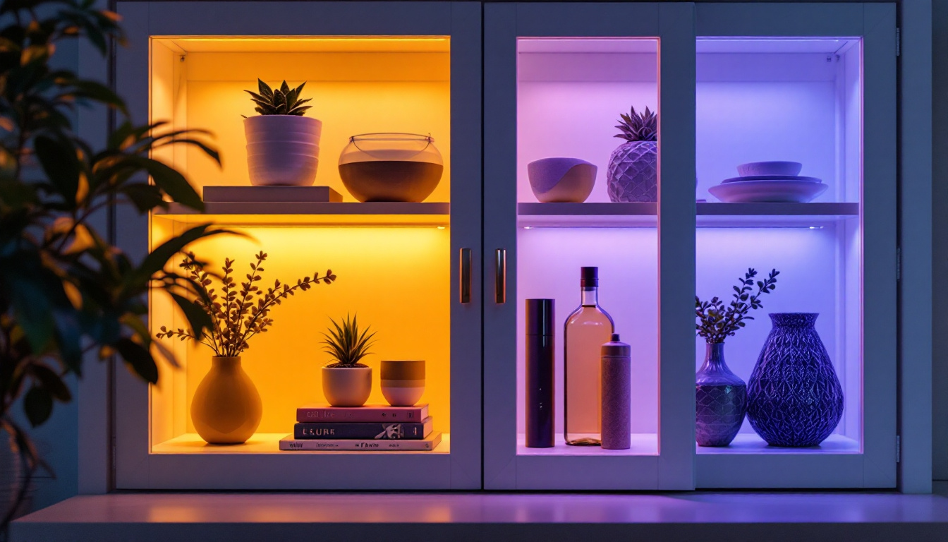 A photograph of capture a photograph of a beautifully illuminated cabinet showcasing led lighting