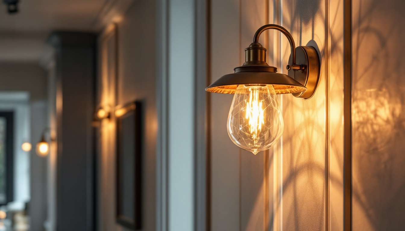 A photograph of a beautifully designed hall light fixture in an elegantly lit hallway