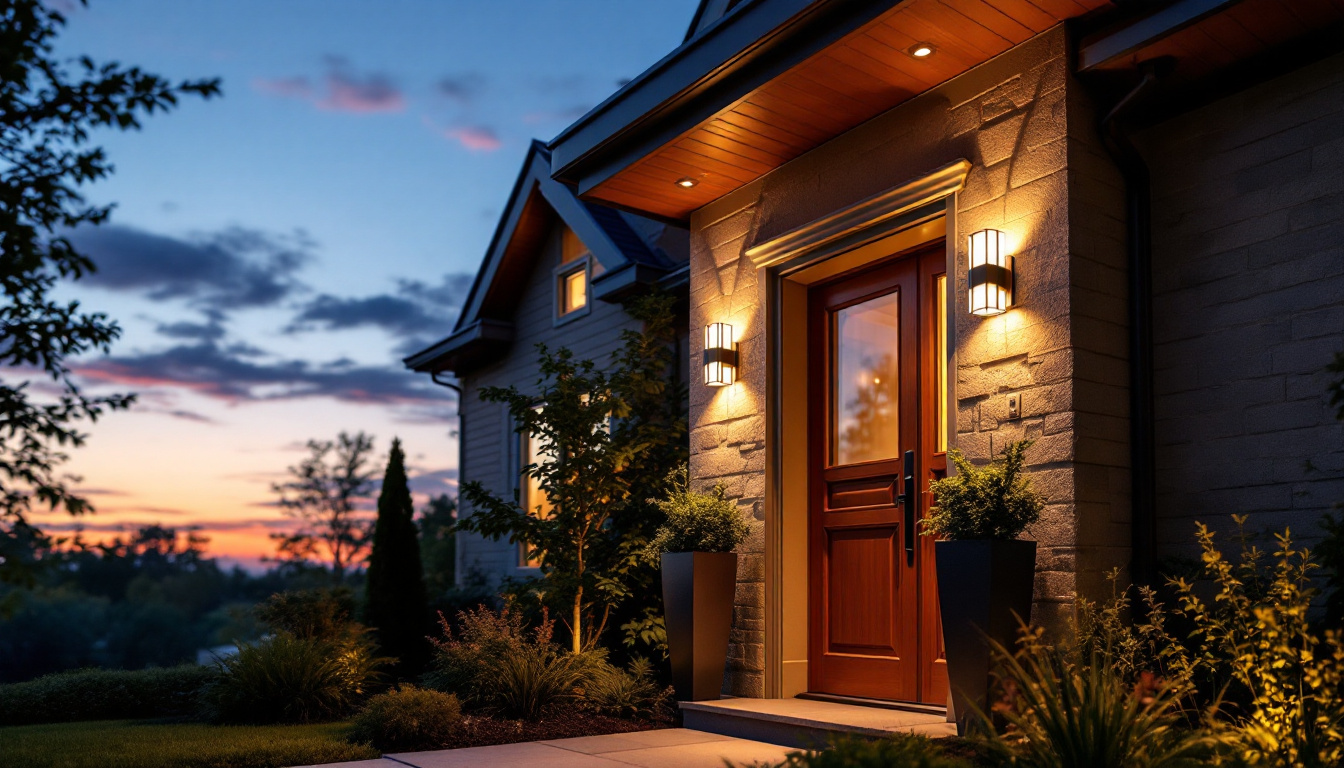 A photograph of a beautifully illuminated front door at twilight