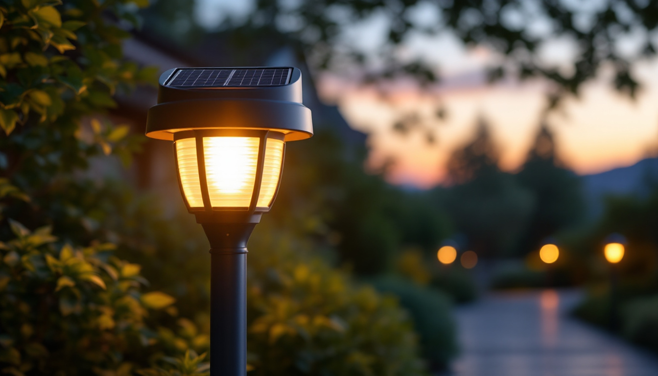 A photograph of a beautifully illuminated solar post light in a serene outdoor setting during twilight