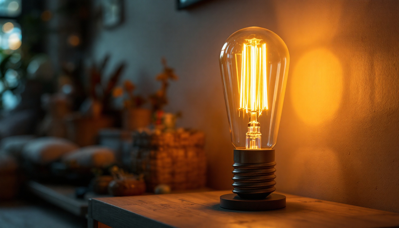 A photograph of a long lamp bulb illuminated in a cozy
