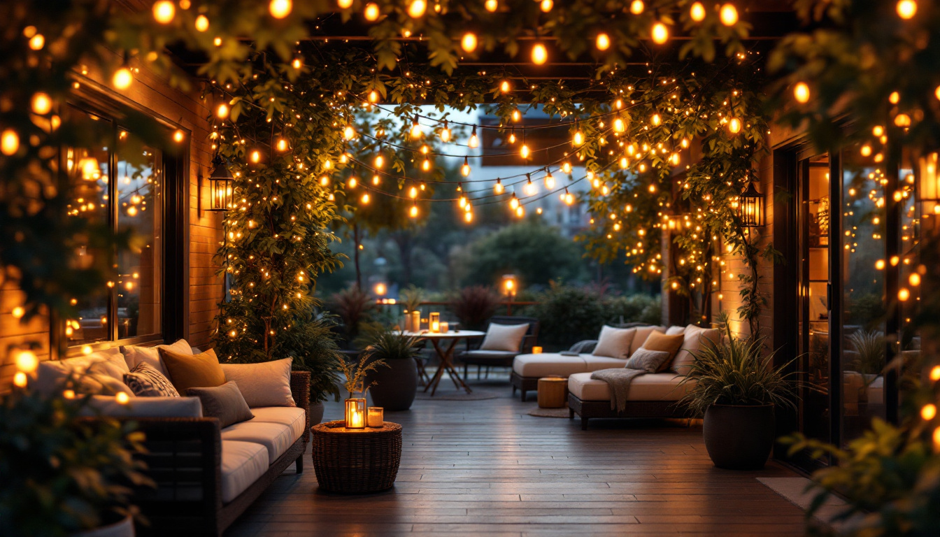A photograph of a beautifully lit outdoor patio scene featuring string lights draped elegantly overhead