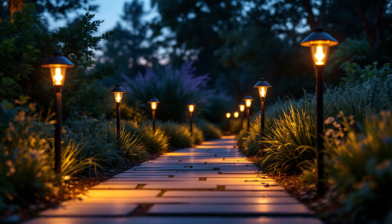 A photograph of a beautifully illuminated outdoor path lined with stylish path lights