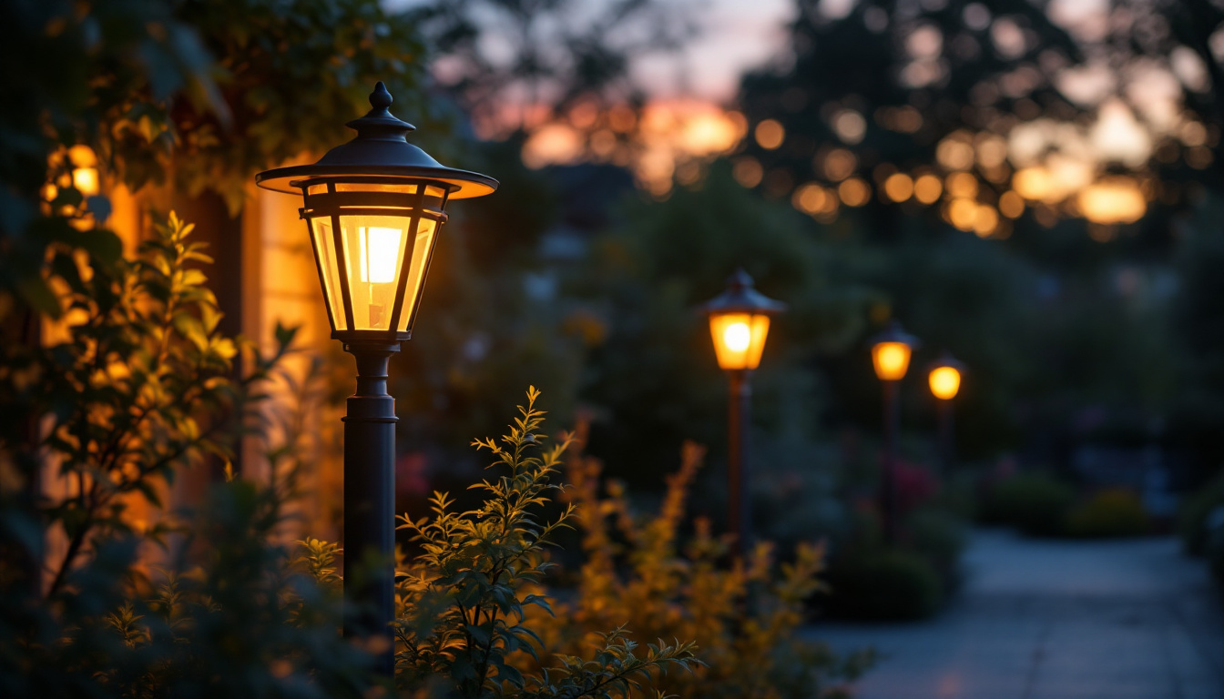 A photograph of a beautifully designed post lamp illuminating a charming outdoor scene at dusk