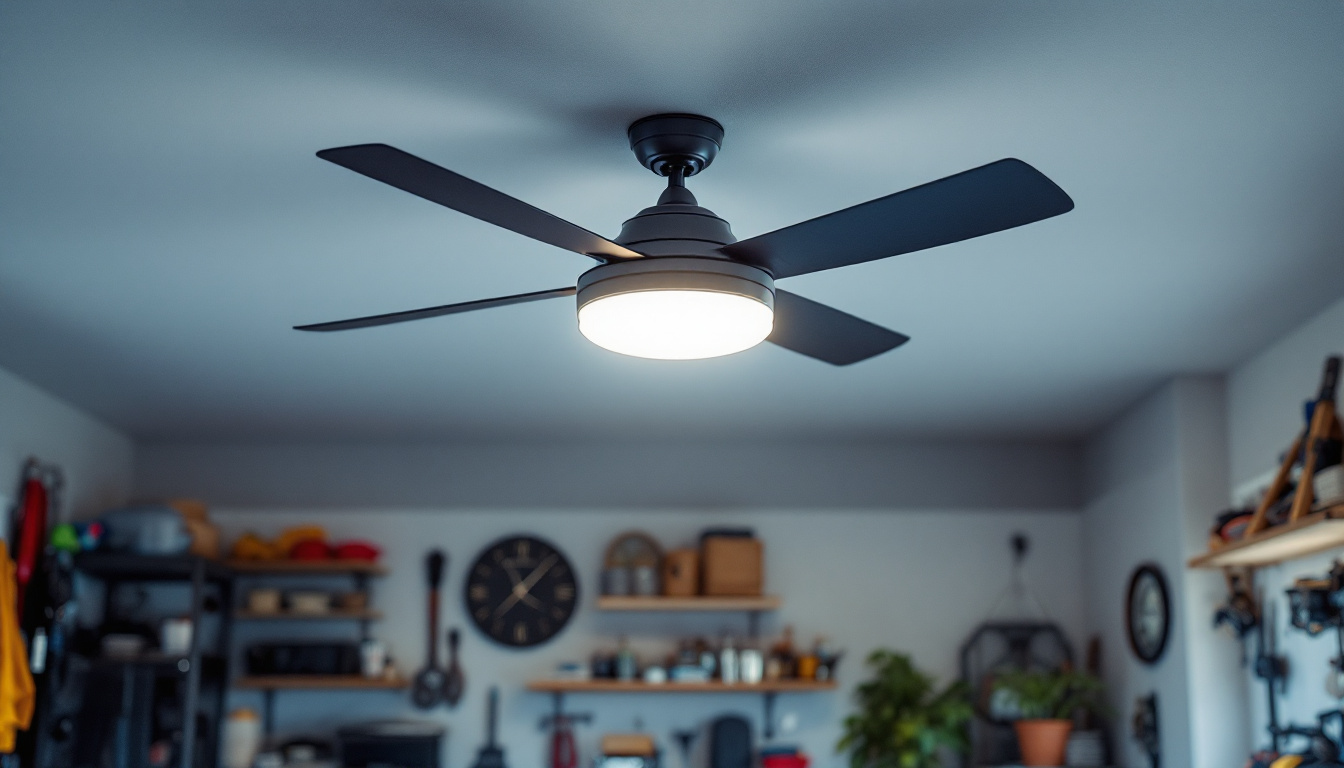 A photograph of a stylish garage ceiling fan that showcases its integrated lighting features