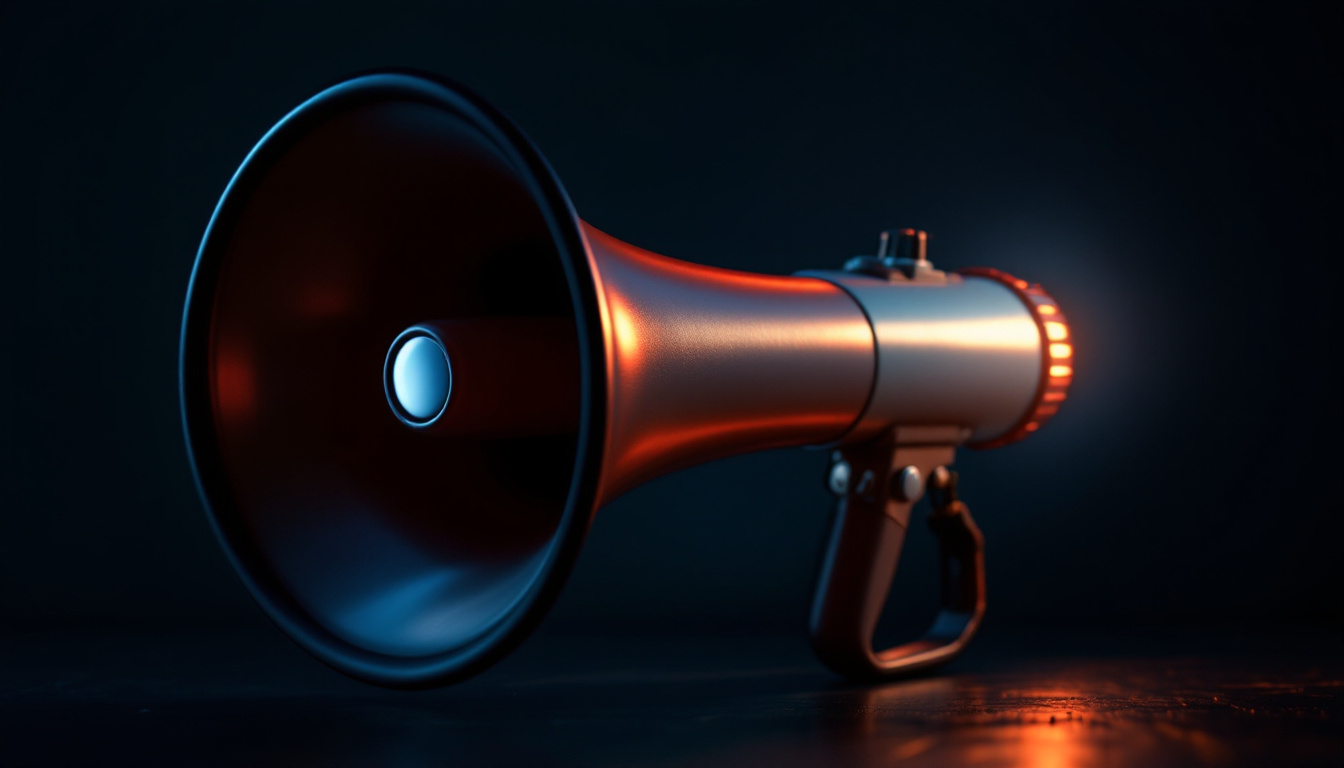 A photograph of a dynamic bullhorn illuminated by dramatic lighting