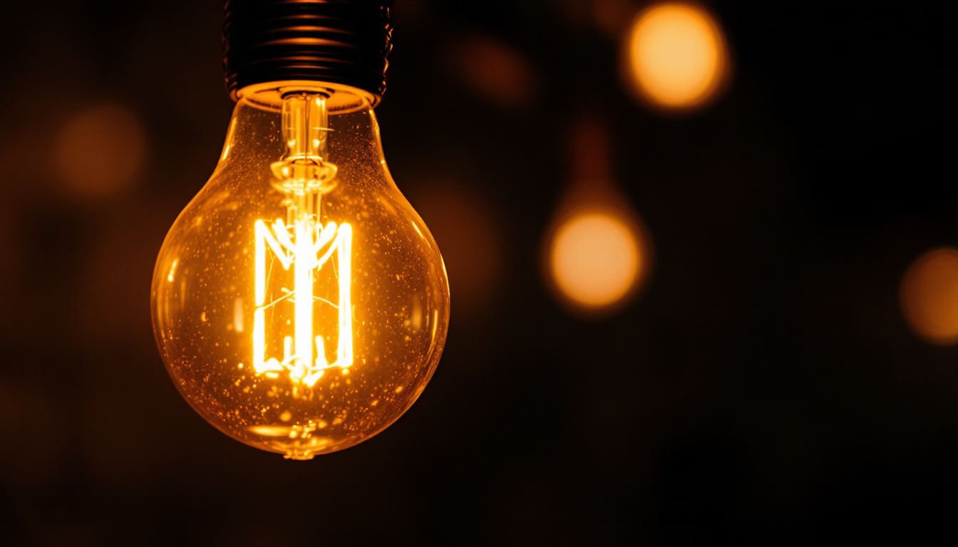 A photograph of a glowing light bulb in a dimly lit setting
