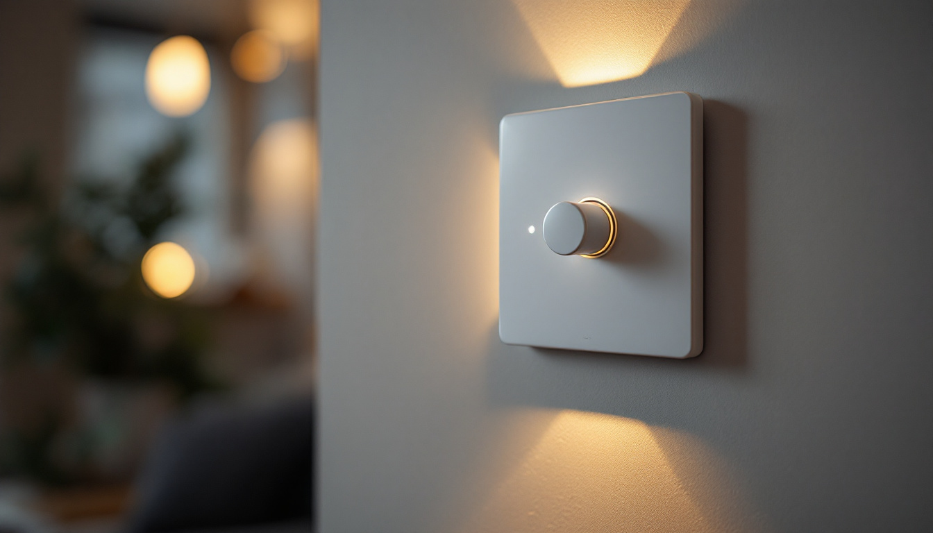 A photograph of a stylish dimmer switch installed on a wall