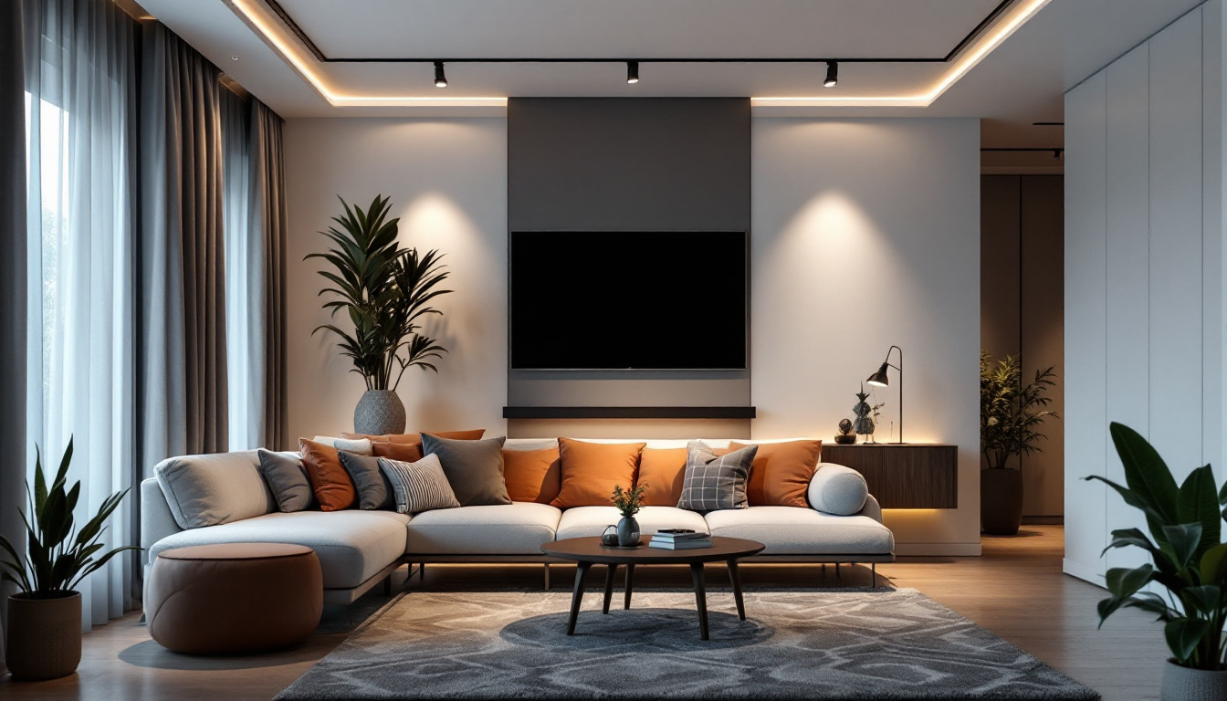 A photograph of a modern living space featuring sleek contemporary track lighting installations that highlight the design and functionality of the lighting