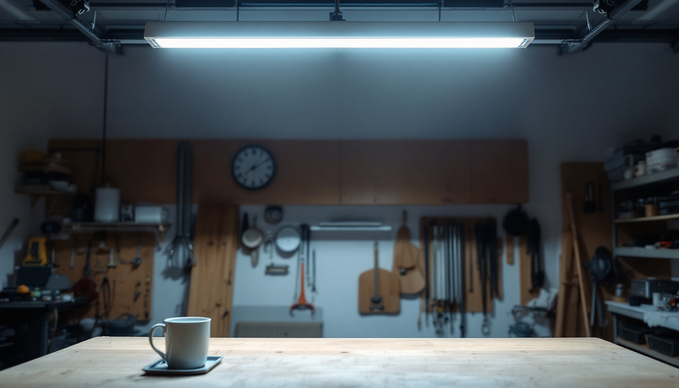 A photograph of a well-lit workshop or garage featuring a 4ft led shop light installed overhead