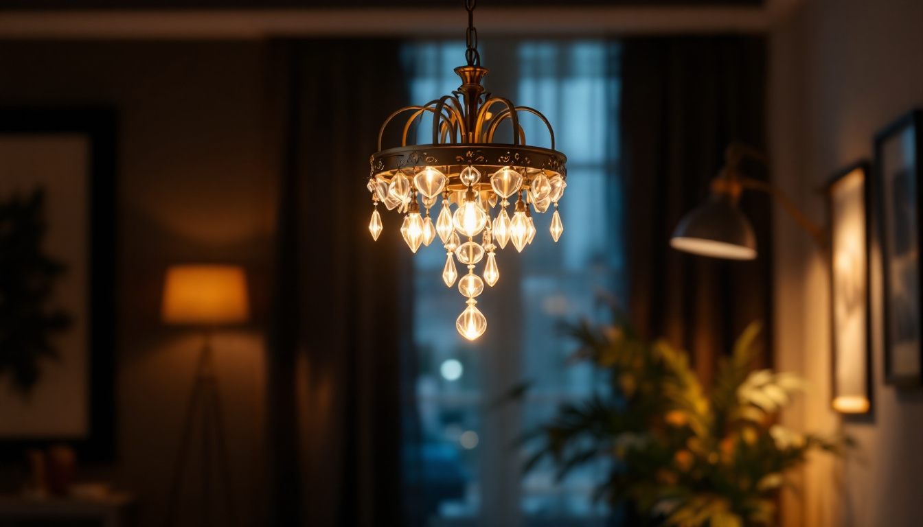A photograph of a beautifully designed chandelier illuminated in a stylish interior setting