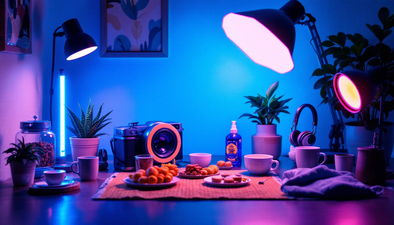 A photograph of a well-lit scene showcasing a variety of uv light sources and their effects on different materials